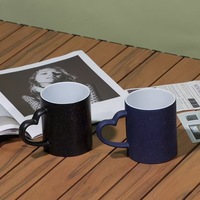 Mug en céramique ciel étoilé scintillant avec anse en forme de cœur, tasse à café vierge pour sublimation pour couples