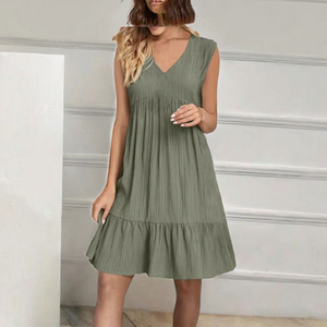 Robe d'été décontractée sans manches pour femme, col en V, coupe trapèze, mini-robe unie avec ourlet à volants, en coton tissé respirant, coupe ample - Product Image 3