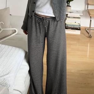 Fashion Sweatpants Style Striped Design Loose Slimming Lace-up Low Waist Casual <b>Pants</b> Women Knit Wide Leg <b>Pants</b> - Product Image 4