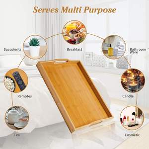 Bandeja de servicio de bambú multiusos hecha a mano, bandeja de bambú sostenible para alimentos, bebidas, bandeja decorativa otomana de mayordomo para el hogar - Product Image 3