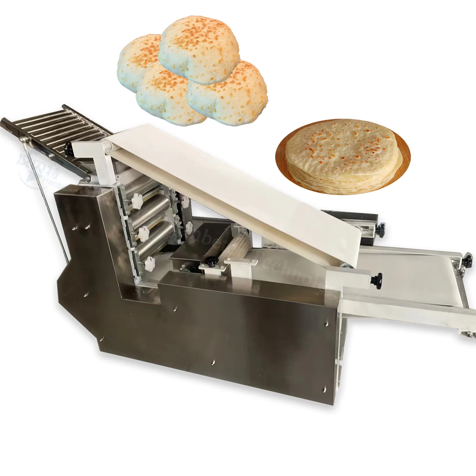 वाणिज्यिक मिल क्रेप केक बनाने वाली आटा शीटर पैनकेक मशीन पूरी तरह से स्वचालित मिनी औद्योगिक चपाती निर्माता