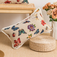 Moderner pastoraler Blumen-Jacquard-Kissenbezug mit Schmetterlingsmuster und Spitzenbesatz, Zierkissenhülle für Sofa, Wohnzimmer, Heimdekoration