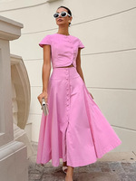 Ensemble deux pièces décontracté rose uni pour femme, été, haut court à manches courtes boutonné, jupe midi évasée, tenue de fête élégante vintage