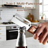 Éplucheur de légumes 2-en-1 premium avec manche en bois et ouvre-bouteille, outil de cuisine en acier inoxydable pour fruits, pommes, pommes de terre, citrouilles