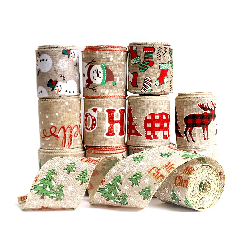 1 Roll 5 Yards Bulk Wholesale 6.3cm Wide Burlap Wired Edge Merry Christmas Ribbon For Party Gift Decorative Wreaths Bow Making