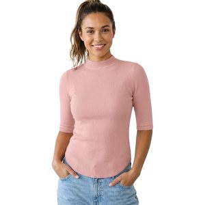 Custom Womens Mock <b>Turtleneck</b> Top Elbow Sleeve Fitted Ribbed Stretch Cotton Knit Shirt For Work Casual Wear - Product Image 1