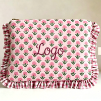 Pochette cosmétique à volants imprimée motif floral rose sur fond vert, avec logo personnalisé, pour femmes, sac de toilette, vente en gros