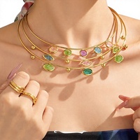 Kalung Choker Rantai Ular Minimalis Stylish Berlapis Emas 18K Batu Alam Es Oval Sederhana Baja Anti Karat Perhiasan Wanita