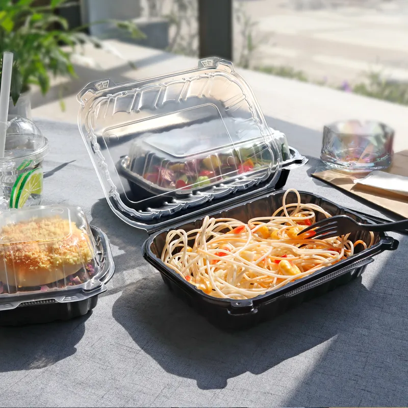 صناديق جاهزة عبوات بلاستيكية للغذاء بغطاء مفصلي وغطاء قاعدة سوداء ثنائي اللون قابلة لإعادة الاستخدام في المطاعم