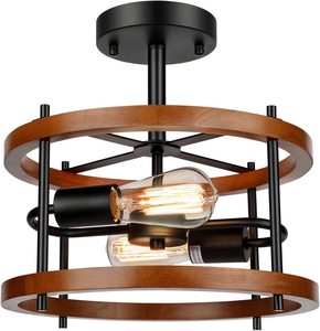 Retro Semi Flush Mount <strong>Ceiling</strong> Light Fixture, <strong>Rustic</strong> Vintage Wood <strong>Ceiling</strong> Light Black Metal, Industrial Farmhouse <strong>Ceiling</strong> <strong>Lamp</strong> - Product Image 1