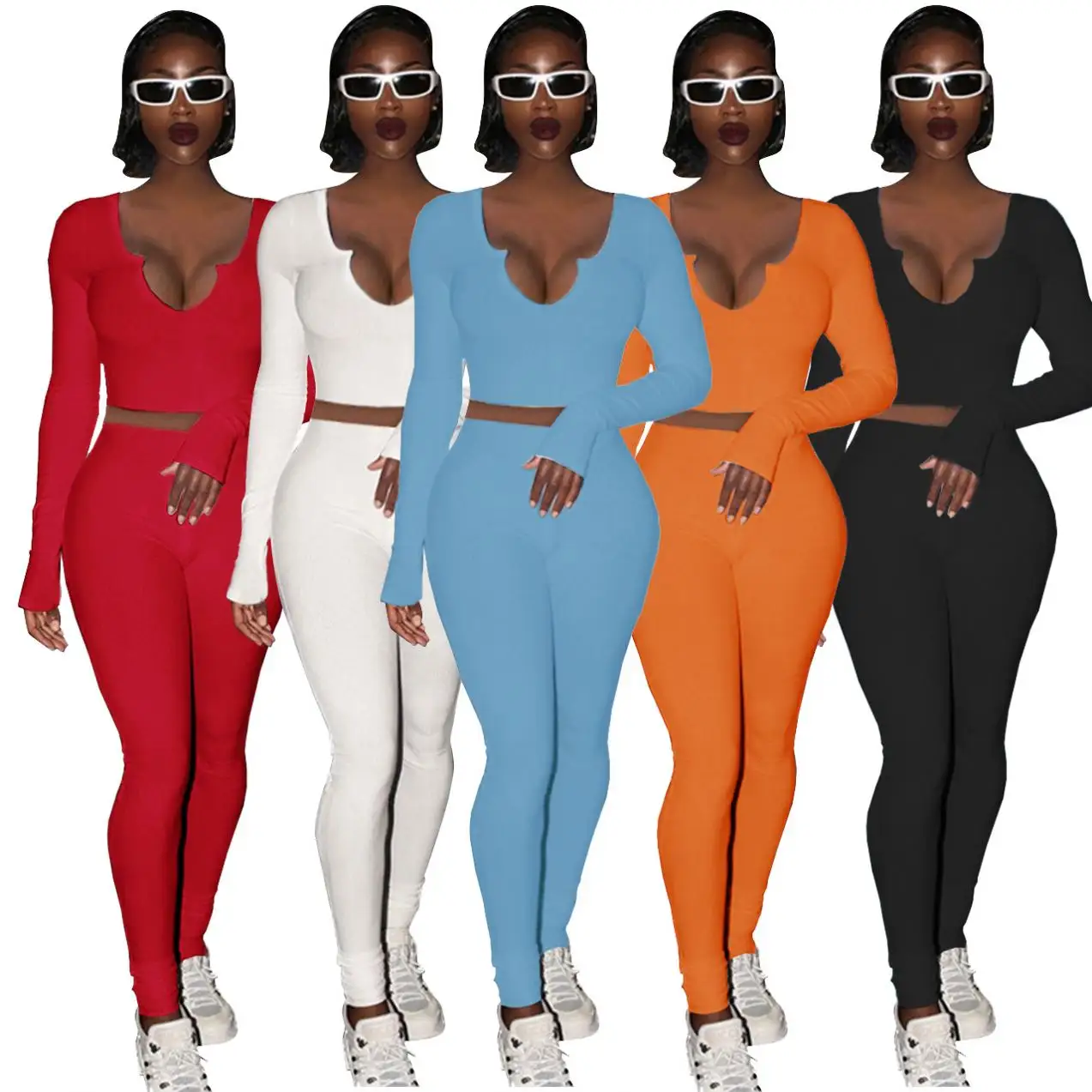 2022 Solid Color Ribbed Deep V Neck Bodycon Two Pieces Tracksuit Women's Fall Clothes Streetwear 2 Piece Leggings Sets