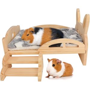 Premium modello solido in legno letto di porcellini d'India staccabile piccola capanna per animali domestici accogliente cuscino letto per scale per gatti piccoli animali - Product Image 1