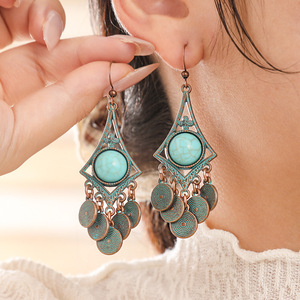 Boucles d'oreilles pendantes tendance en alliage plaqué bronze antique avec pierre turquoise, style bohème, bijoux de fête pour femmes - Product Image 1