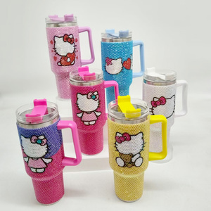 Gobelet isotherme moderne en acier inoxydable de 40 oz, design personnalisé, brillant, avec strass en cristal, motif chat KT de dessin animé, avec paille, pour fêtes et mariages - Product Image 1