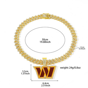 Collier Hip Hop avec pendentif lettre logo W des Washington Commanders, plaqué or 18 carats, style tendance et serti de pierres, chaîne maille cubaine, pour fans de la NFL - Product Image 6