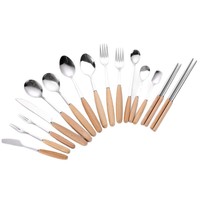 Ensemble de couverts en acier inoxydable 430, durable, luxe léger, manche en bois, couteau, fourchette, cuillère, baguettes, finition miroir, réutilisable