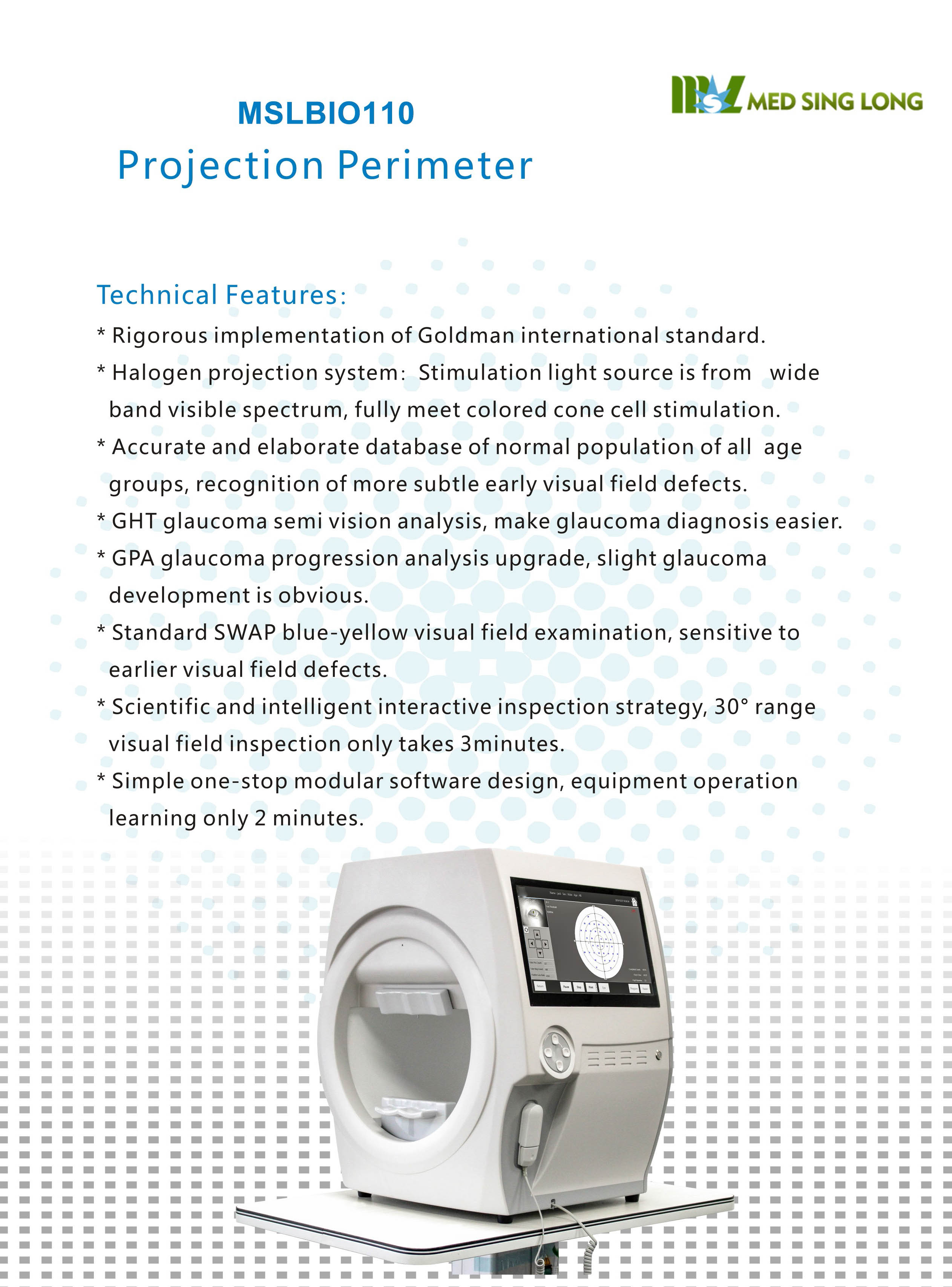 Máquina de perímetro de proyección de campo visual de instrumento oftálmico de alta precisión BIO-1100 para examen ocular