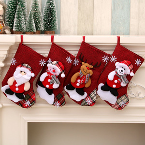 LINGKAI Chaussette de Noël en toile de jute avec décorations 3D en peluche (Père Noël, Bonhomme de neige, Renne, Ours) – Chaussette cadeau à suspendre pour cheminée et décoration de manteau de cheminée - Product Image 1