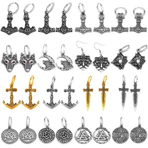 Pendientes Vikingos <span class=keywords><strong>de</strong></span> Acero Inoxidable 316L al por Mayor, con Diseño <span class=keywords><strong>de</strong></span> Mjolnir, Martillo <span class=keywords><strong>de</strong></span> Thor, Lobo, Valknut y Ancla, Resistentes al Deslustre, Listos para Enviar - Product Image 1