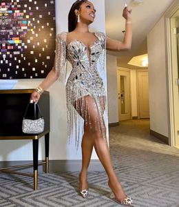 Phụ Nữ 2024 Thanh Lịch Sang Trọng Sequin Tua Dài Tay Áo Chắp Vá Rhinestone Đảng Mini Long Lanh Phụ Nữ Câu Lạc Bộ Dresses - Product Image 1