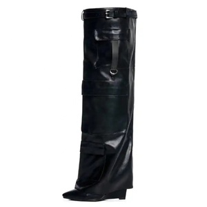 החורף האחרון של נשים עור שחור מעל הברך ארוך מגפיים ארוכות zip הסגר הצביע הבוהן טריז עקבים כיסים רך - Product Image 2