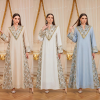 Robe longue de soirée musulmane modeste pour adultes, col cranté, broderie florale, patchwork, franges, garniture de perles, manches longues