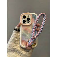 Coque de téléphone anti-chute pour iPhone 14, 15 Pro, 12 Pro, avec bracelet coloré motif cœur graffiti et visière intégrée, nouvelle collection