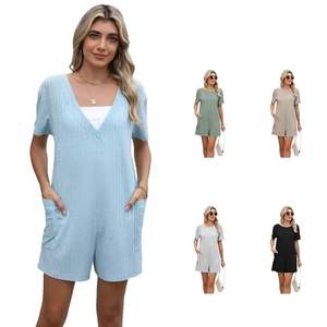 Nuevo Mono de Verano Sexy Estilo Europeo Americano con Escote en V, Bolsillos y Manga Corta para Mujer, Pantalones de Playa - Product Image 1