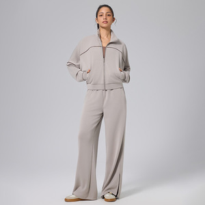 Ensemble de survêtement décontracté pour femmes, veste zippée en modal à couche d'air et pantalon large fendu, idéal pour l'entraînement en extérieur et le yoga - Product Image 6