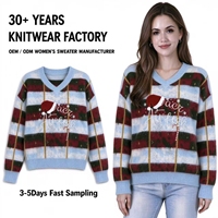 Pull de Noël à col en V pour femme, rayé jacquard, à manches longues, tricot d'hiver pour femmes, OEM ODM, logo personnalisé, taille sur mesure