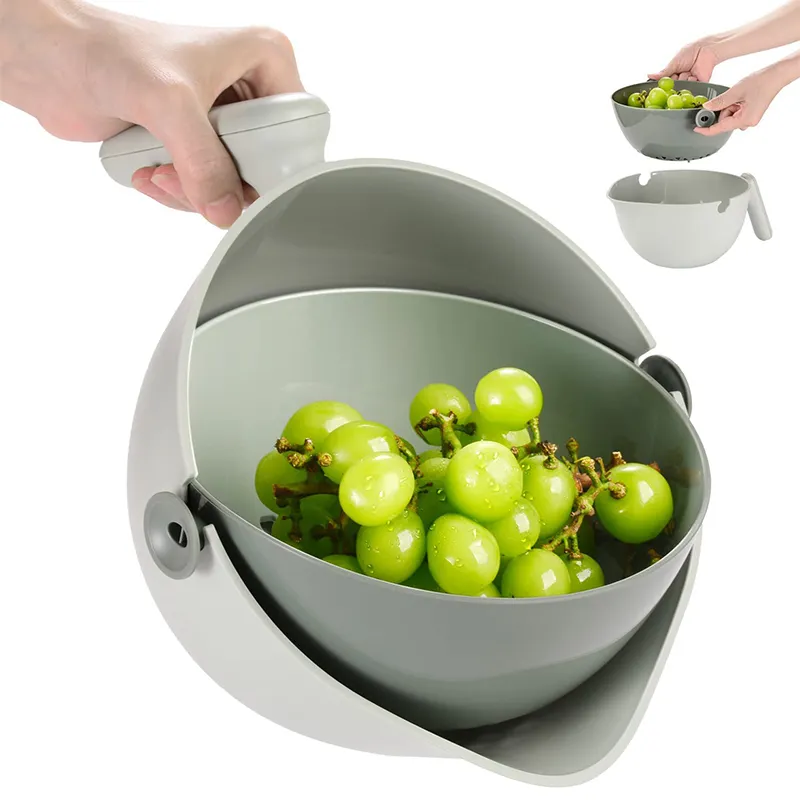 Nieuw Product Minimalistische Stijl Groente Fruit Wasbak Keuken Plastic Afvoerkorf Zeef Dubbellaags Draaibaar Vergiet