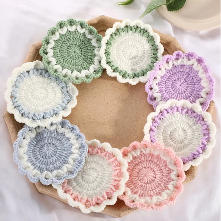 F-1691hand crochet estilo coreano redondo cup-mat personalizado malha coasters simples rendas flor coaster para atacado