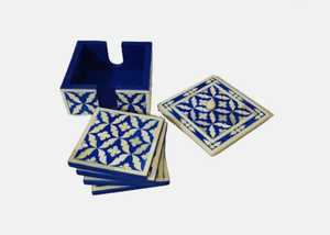 Juego de posavasos de nogal con incrustaciones de hueso cuadrado ecológico clásico, alfombrillas geométricas decorativas a rayas azules y blancas al mejor precio - Product Image 4