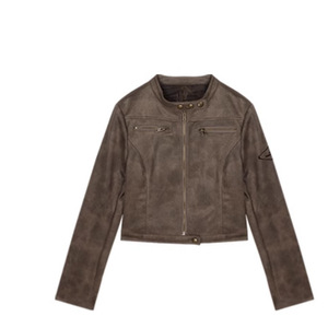 Giacca Corta da Motociclista Stile Vintage Americano per <span class=keywords><strong>Donna</strong></span> in Pelle Scamosciata Marrone Caffè - Product Image 2