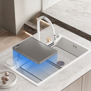 White <b>large</b> size single bowl kitchen sink under counter basin stainless steel dishwashing basin with knife holder - Product Image 4