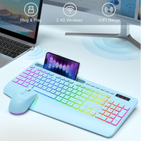 Ergonomic RGB Backlit Silent Wireless Keyboard Mouse Combo 2.4G Rechargeable Multimedia Buttons Tablet Phone Holder