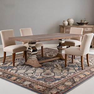 Reclaimed Solid Elm Wood Plank Top with Pail Stainless Steel <b>Leg</b> Pedestal Natural Finish Dining <b>Table</b> - Product Image 1