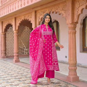 Twinfeet Women's Premium Pure Cotton A-Line Anarkali Traditional Quick Dry Kurti & Palazzo with Dupatta Suit Set - Product Image 1