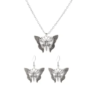 New Vintage Flower Pierced Earrings Necklace Set Silver Butterfly Heart Earrings Flower Bush Women Earrings