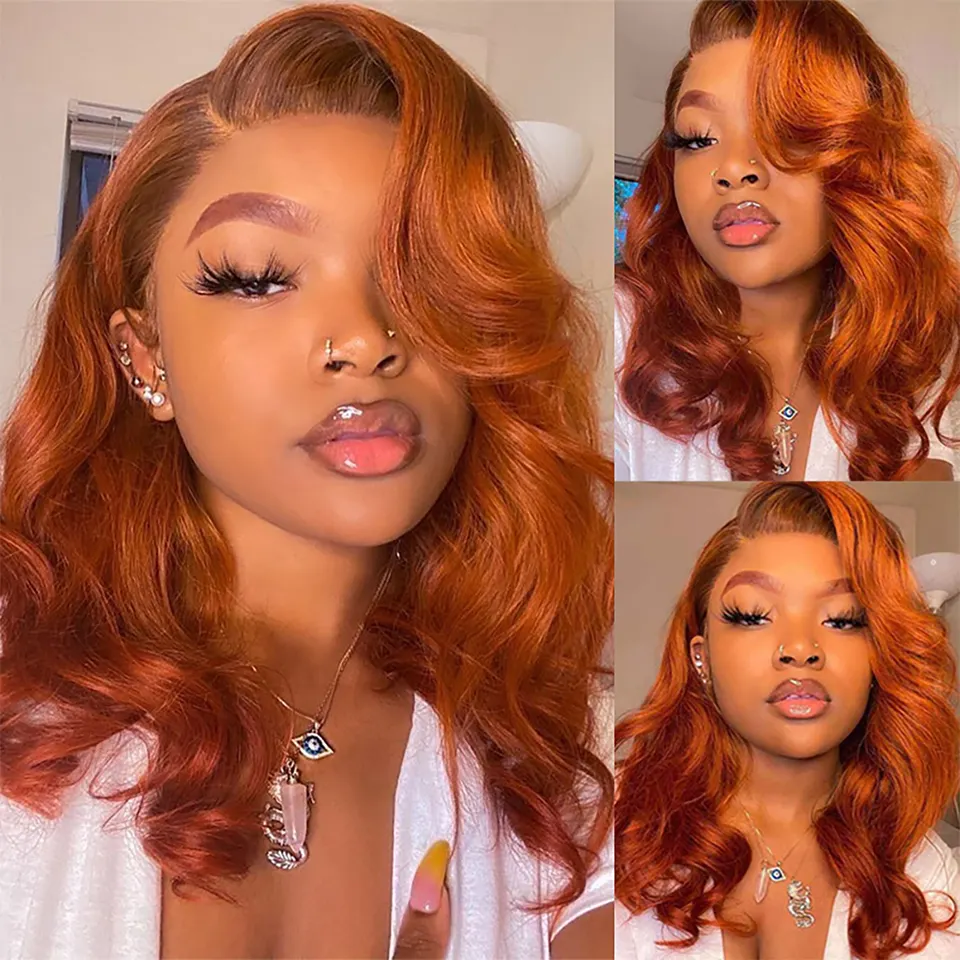 180% Density Body Wave 350 Orange Human Hair Wig Ginger Colored Human Hair Wigs Transparent Frontal Lace For Black Beauty Women