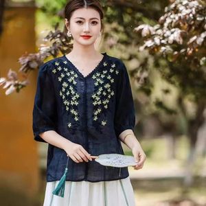 Women's V-neck Cotton Linen Blouse Pink Embroidered Mid-sleeve <b>Top</b> Vintage Style Everyday Wear - Product Image 4