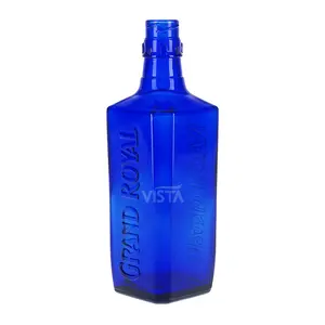 Botella de vidrio para licor de alcohol, Logo personalizado en relieve, OEM, 750ml, cuadrado, cobalto, azul