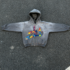 <span class=keywords><strong>Felpa</strong></span> con Cappuccio Oversize Personalizzata con Effetto Sfumato e Pietre Lavate, Zip Frontale, Stile Streetwear con Strass e Stampa DTG - Product Image 2
