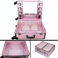 Grande capacité pour valise trolley de studio rose Pro, roues lumineuses LED tendance, étui de maquillage pour artiste maquilleur