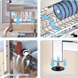 Égouttoir à vaisselle moderne et élégant à double niveau en acier inoxydable pour évier de cuisine et comptoir, idéal pour assiettes et bols - Product Image 3