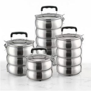 Porta via metallo Tiffin 2/3/4/5 strati in acciaio inox contenitore cibo scatola per il pranzo con manico a forma di tamburo 16CM - Product Image 1