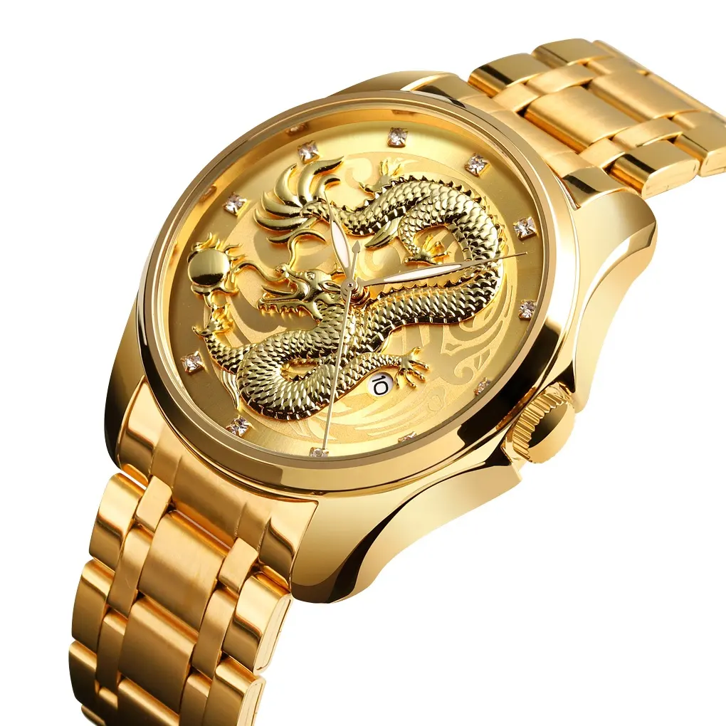 Mens Excellence Fashion Relojes Hombre King Gold Dragon Quartz Wrist Watch Luminous Hands Direct SKMEI Factory Supply
