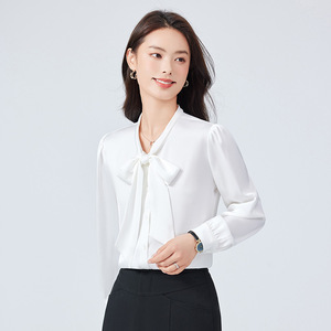 Women's Light Blue Satin Blouse With Tie Neck Long Sleeve Work Shirt For Office Formal Wear - Product Image 5