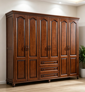 Armario Extra Grande de Madera Maciza con 6 Puertas y 3 Cajones, Armario de Dormitorio Retro de Nogal para Ropa - Product Image 4