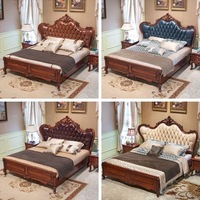 Lit double en bois massif sculpté de style européen et américain traditionnel, avec revêtement en cuir véritable, pour chambre à coucher, ensemble de meubles de mariage
